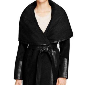 Via Spiga Belted Faux Leather-Trim Coat